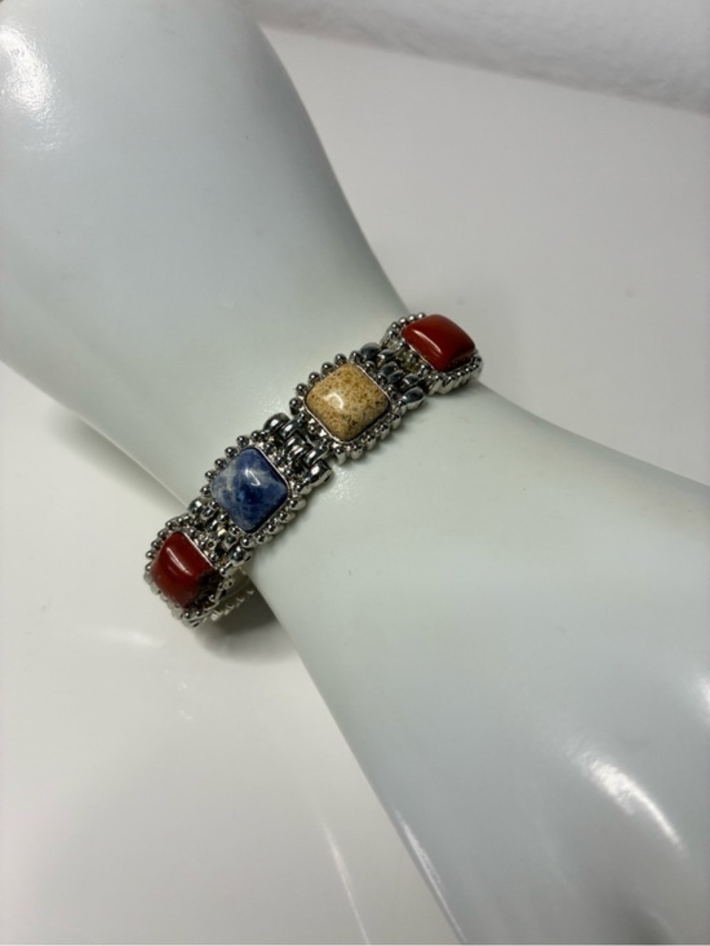 Multi-Stone Silver Bracelet with Blue, Red and Beige Accents